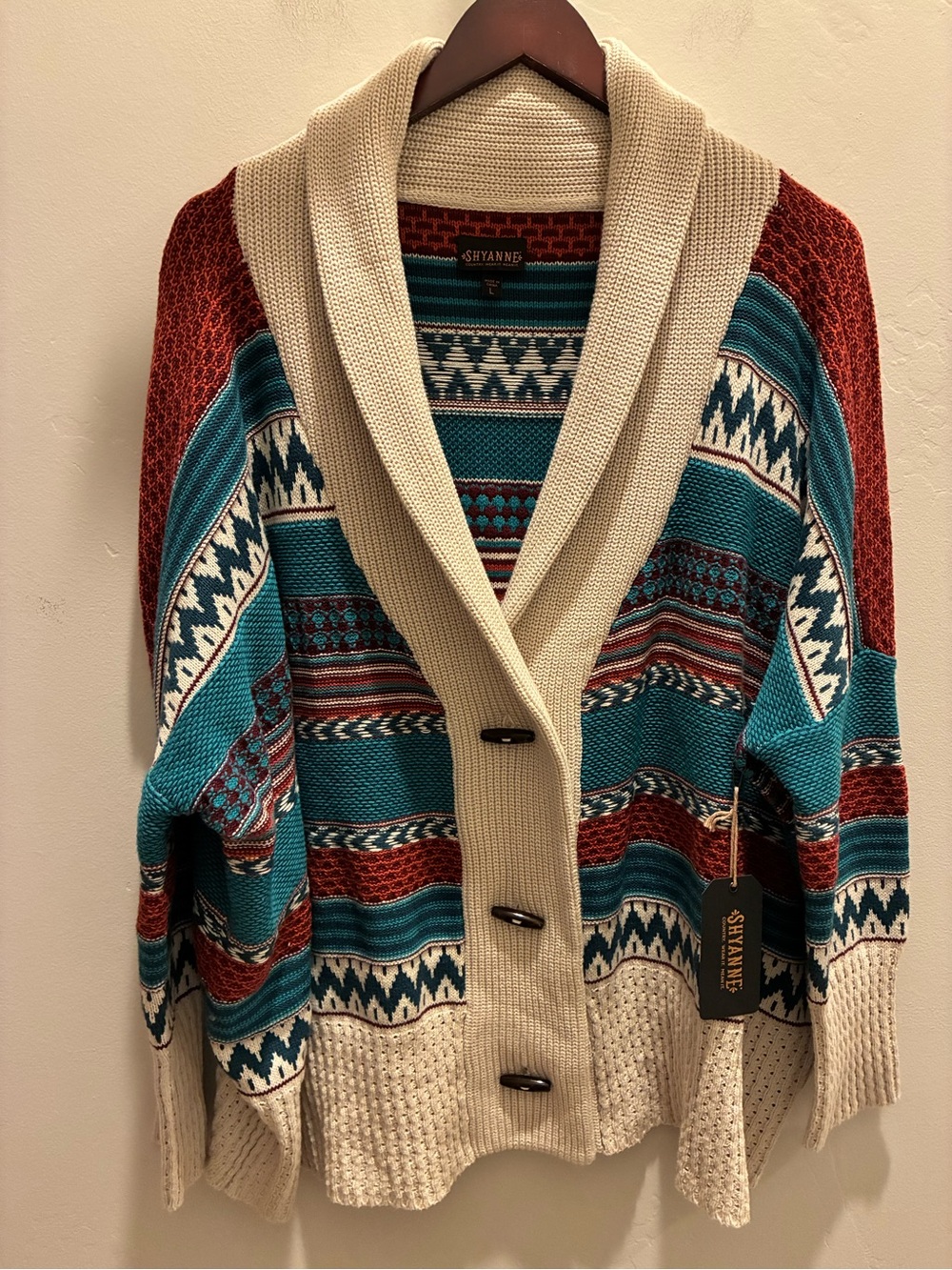 NWT Shyanne Cream, Teal & Rust Geometric Shawl Collar Cardigan Size L